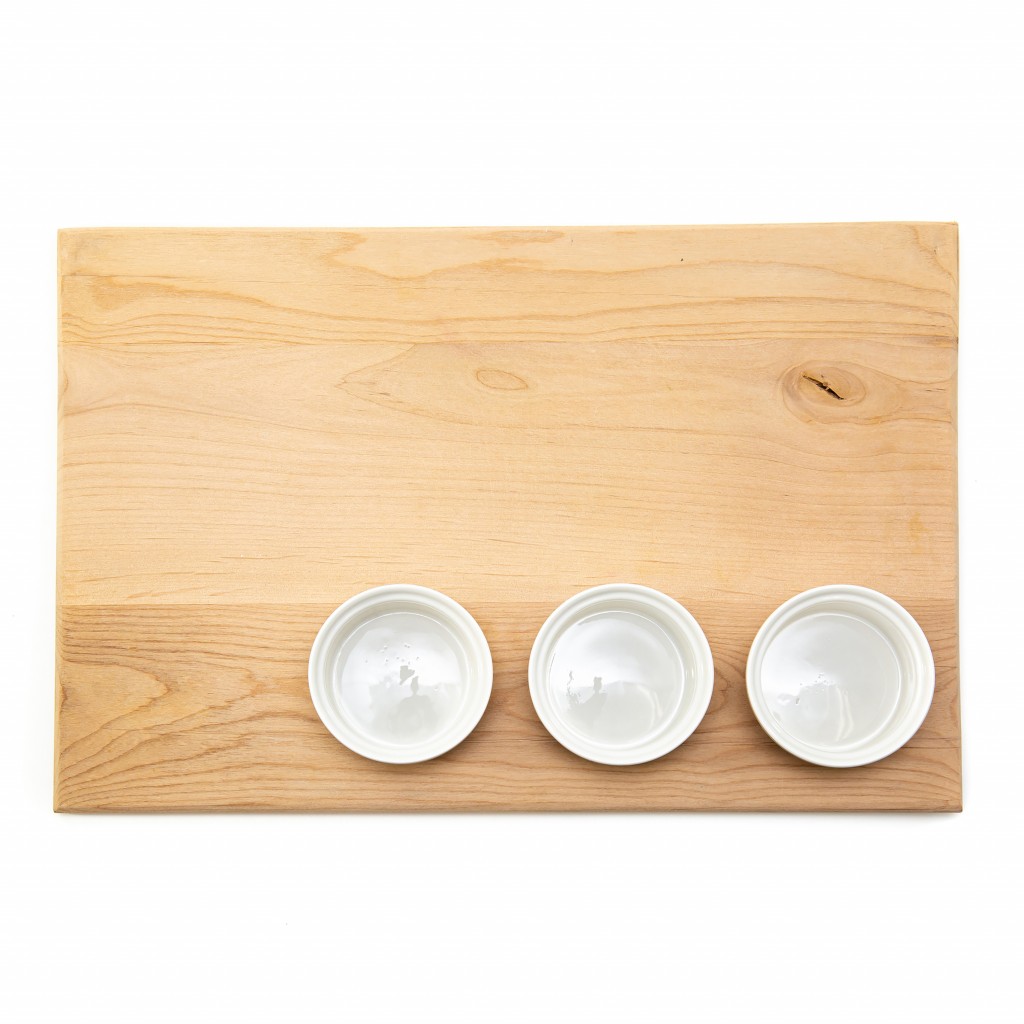 18" Organic Double Sided Handmade Cutting Board with White Ceramic Ramekins