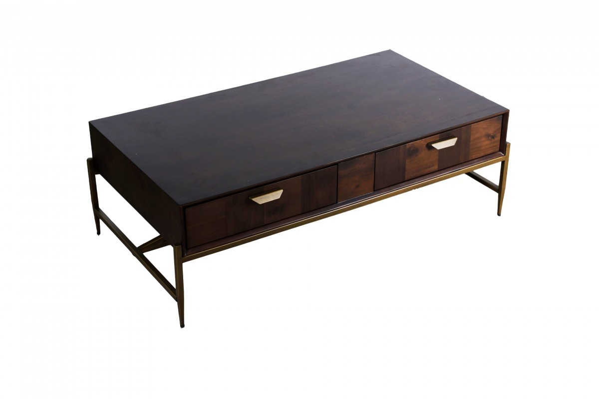 Modern Dark Mango Acacia and Brass Coffee Table