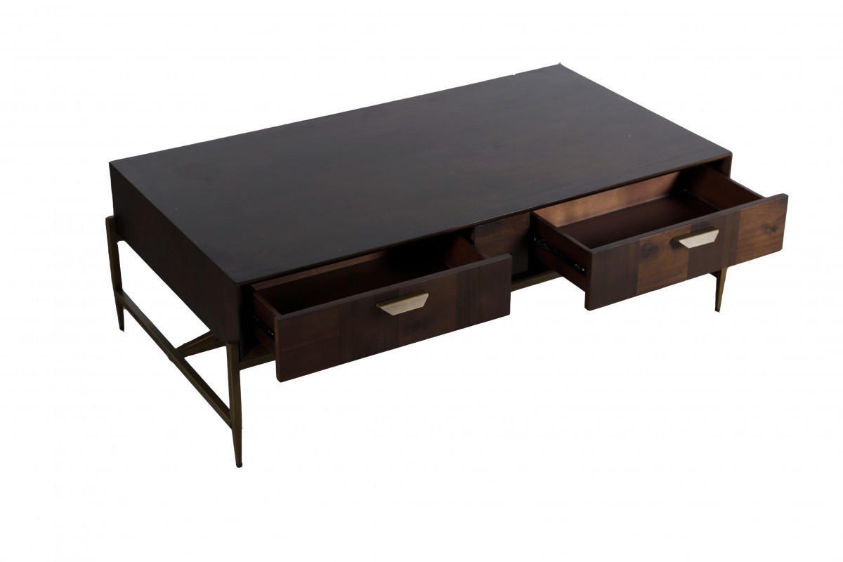 Modern Dark Mango Acacia and Brass Coffee Table