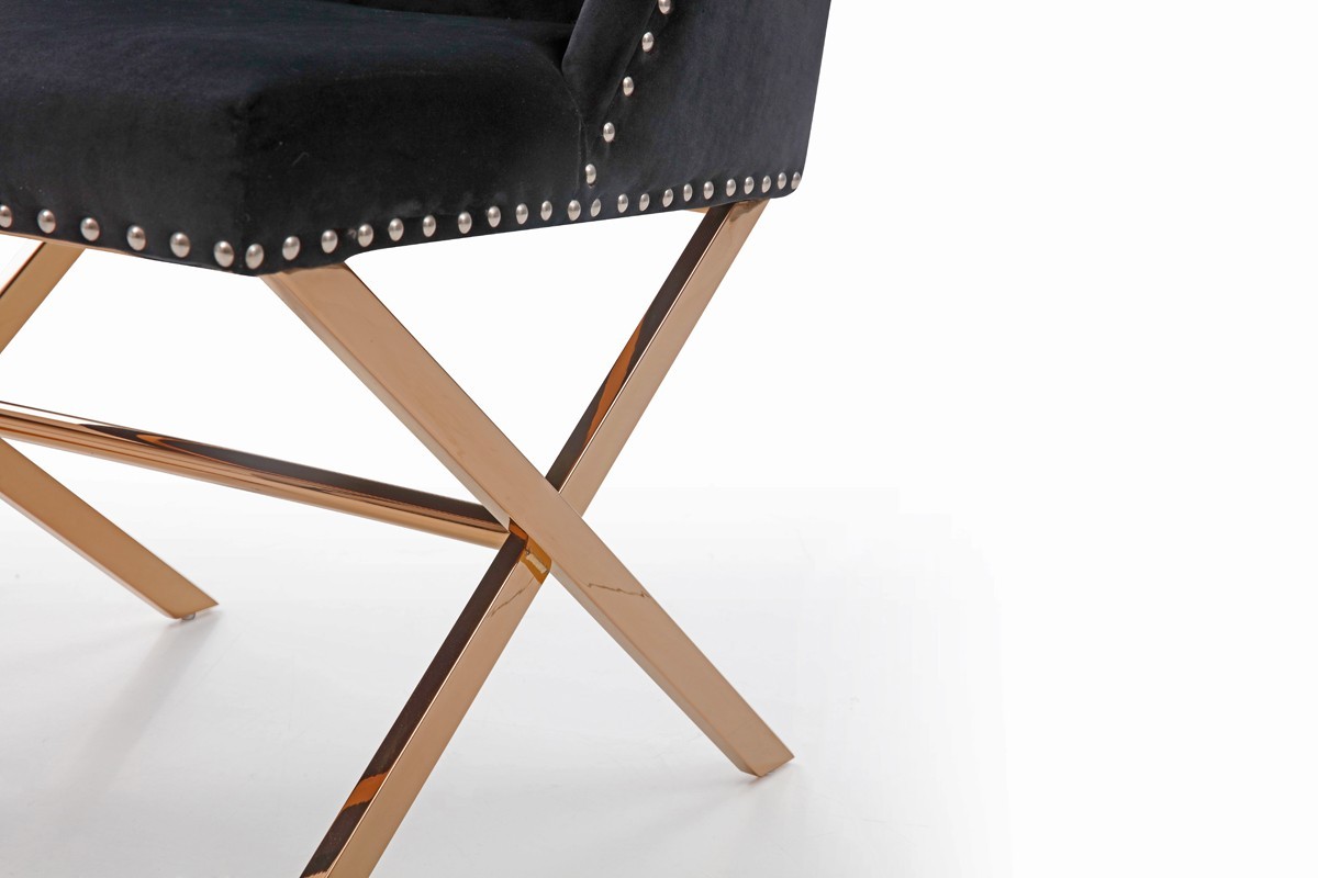 Black Velvet and Rose Gold Nailhead Modern Dining Chair