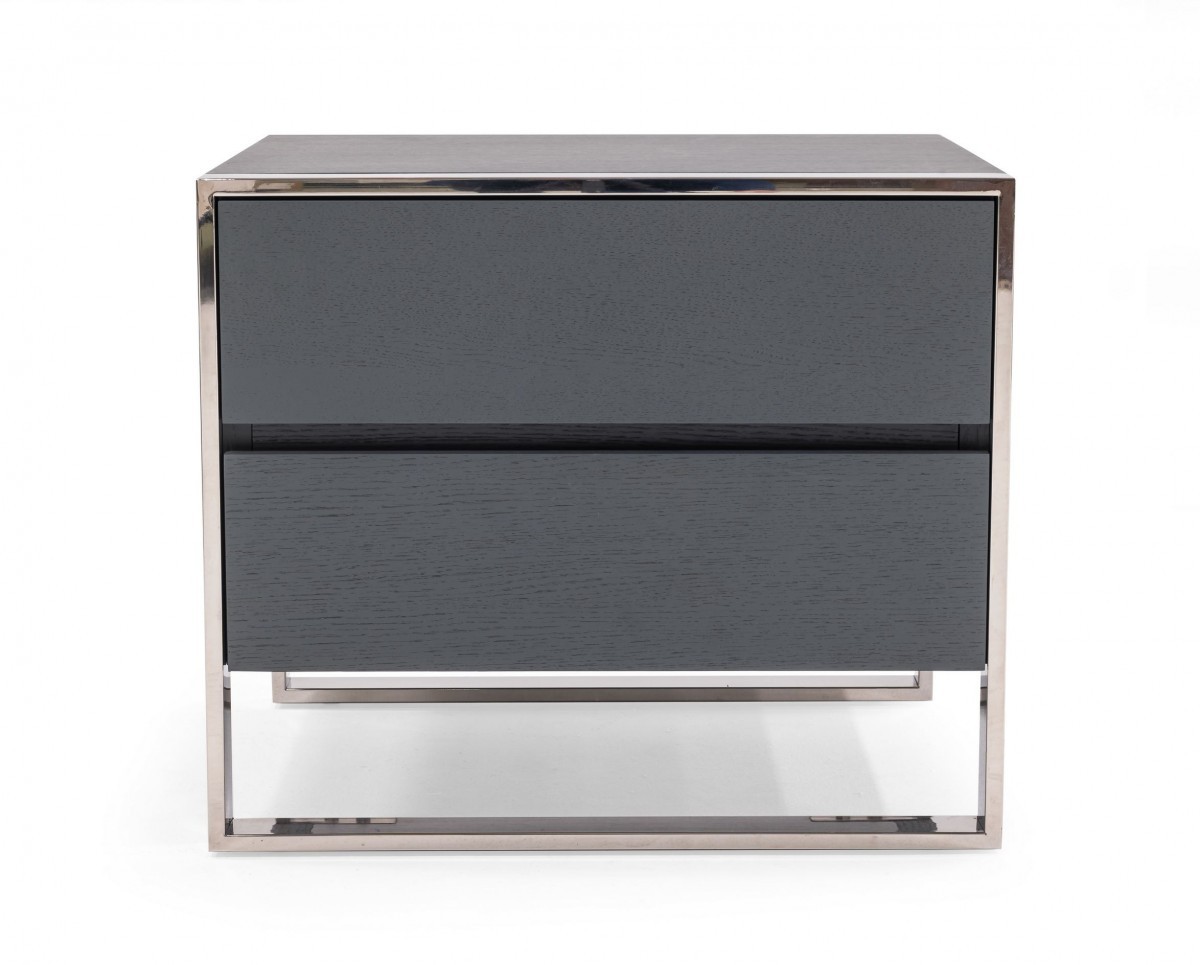 Modern Gray and Stainless Steel Nightstand With Two Drawers