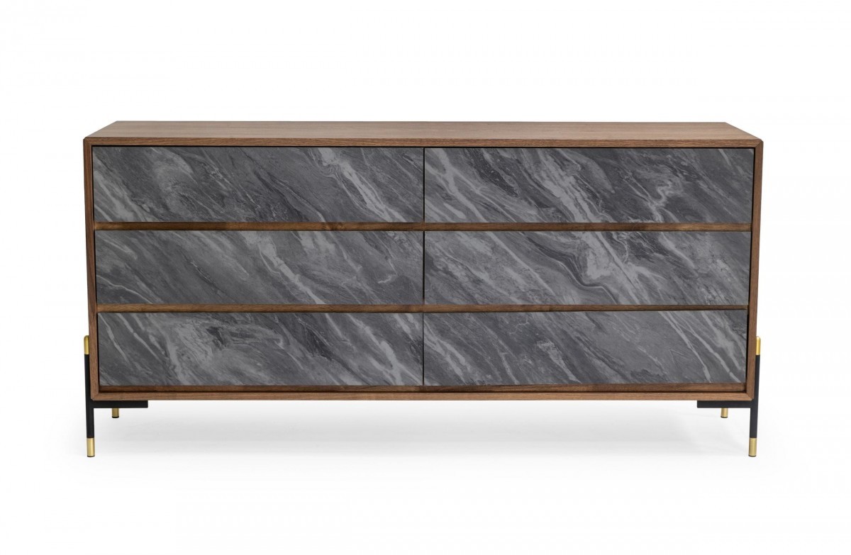 63" Walnut And Grey Faux Marble Wood Six Drawer Double Dresser-473111-1