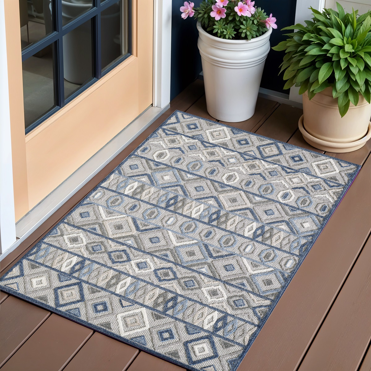 3' X 5' Blue And Gray Abstract Stain Resistant Indoor Outdoor Area Rug-473666-1