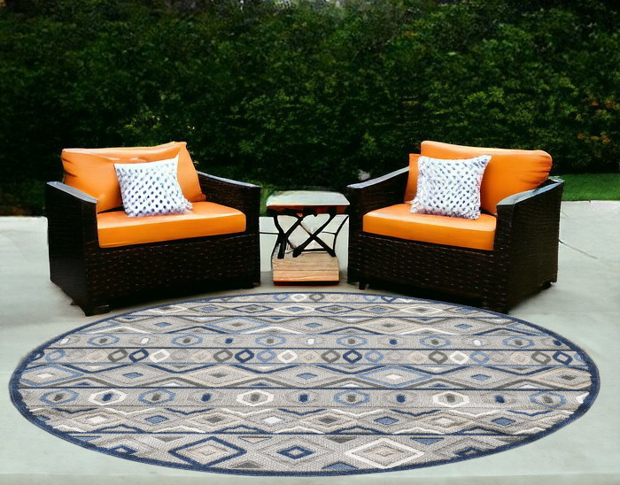 8' Round Blue And Gray Round Abstract Stain Resistant Indoor Outdoor Area Rug-473669-1