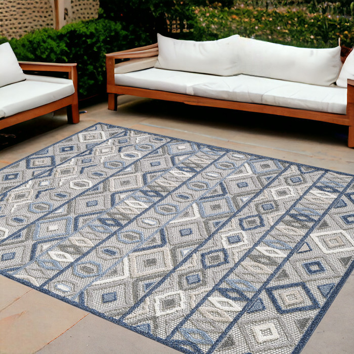 8' X 10' Blue And Gray Abstract Stain Resistant Indoor Outdoor Area Rug-473670-1