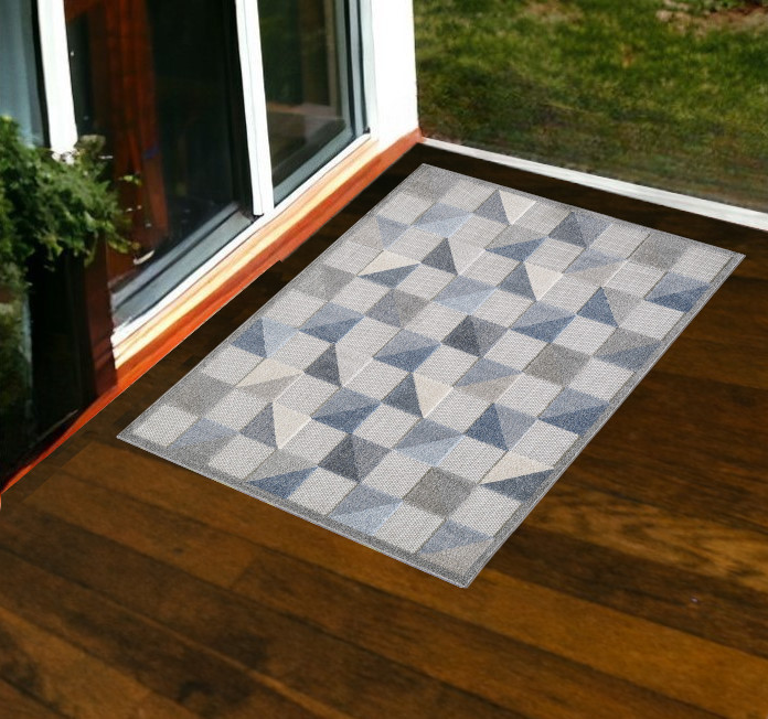 3' X 5' Blue And Gray Geometric Stain Resistant Indoor Outdoor Area Rug-473678-1