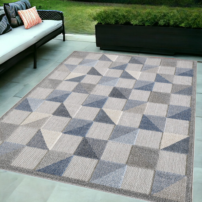 5' X 7' Blue And Gray Geometric Stain Resistant Indoor Outdoor Area Rug-473679-1