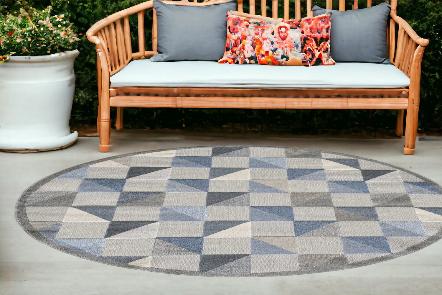 8' Round Blue And Gray Round Geometric Stain Resistant Indoor Outdoor Area Rug-473681-1