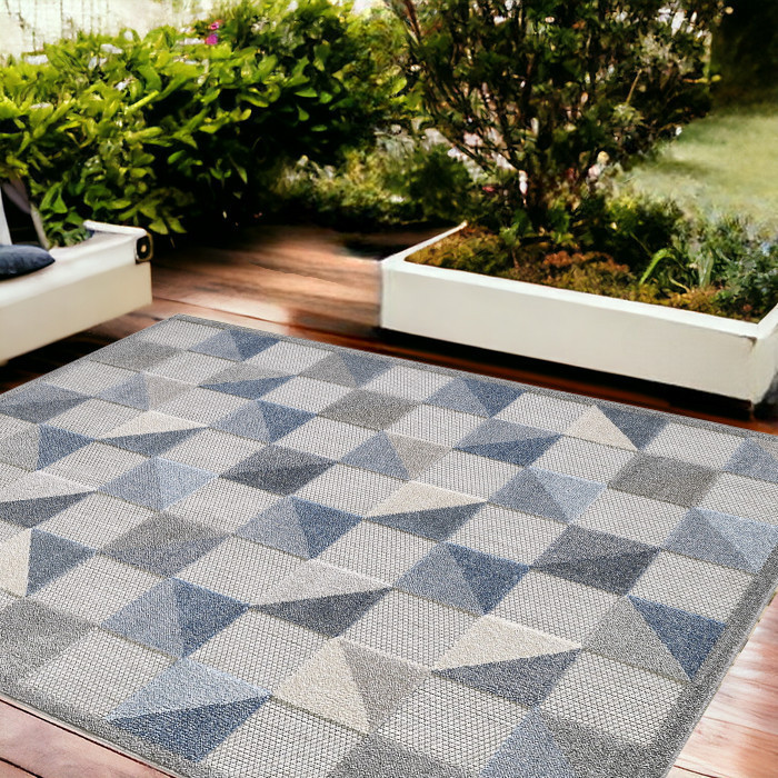 8' X 10' Blue And Gray Geometric Stain Resistant Indoor Outdoor Area Rug-473682-1