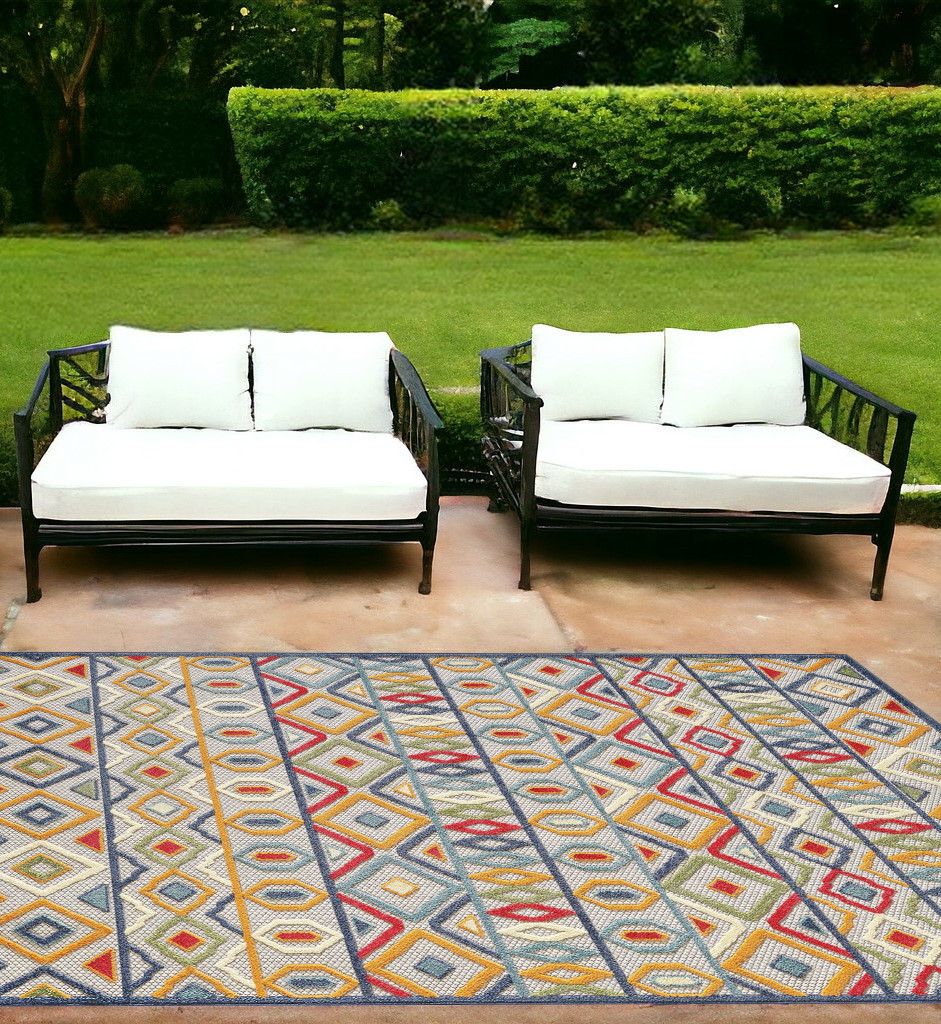 7' X 9' Ivory And Blue Southwestern Stain Resistant Indoor Outdoor Area Rug-473704-1