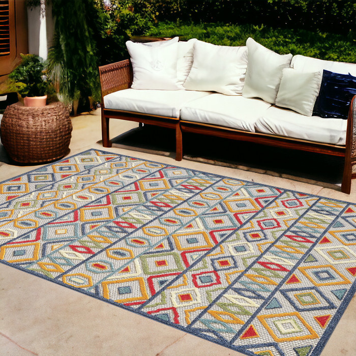 8' X 10' Ivory And Blue Southwestern Stain Resistant Indoor Outdoor Area Rug-473706-1