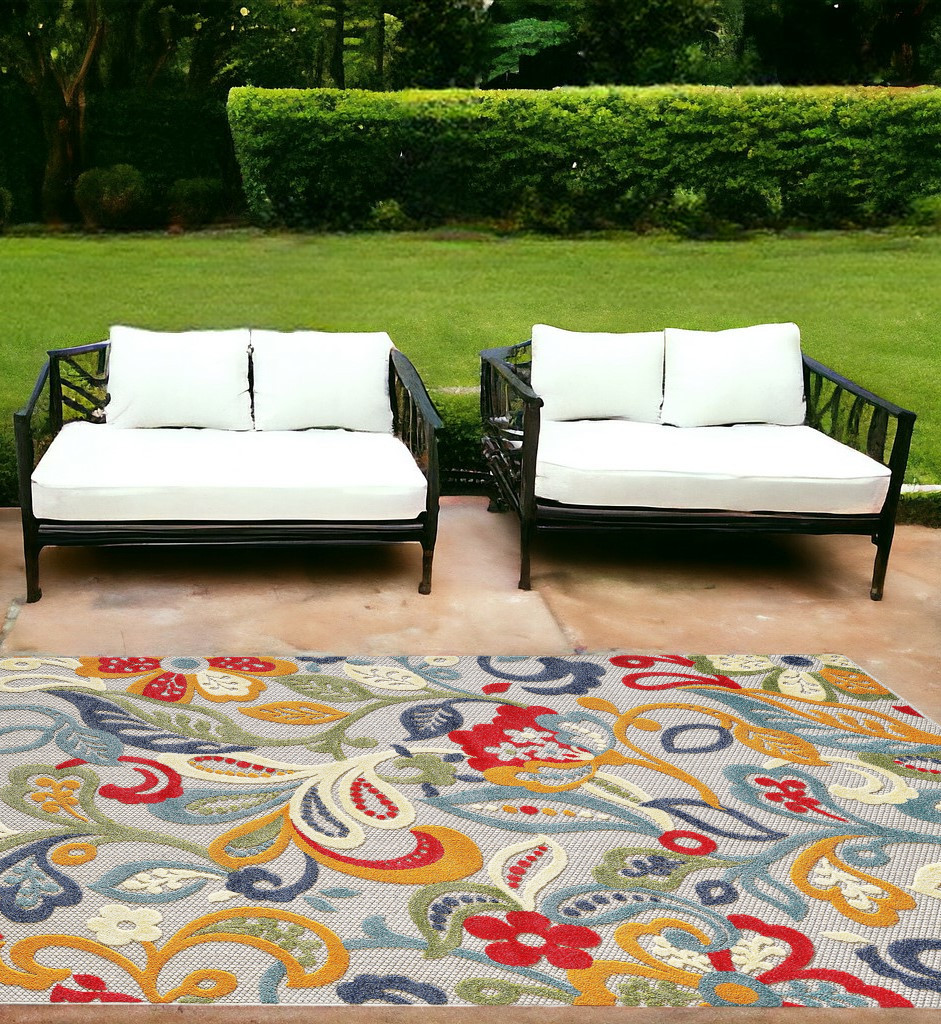 7' X 9' Ivory And Blue Indoor Outdoor Area Rug-473710-1