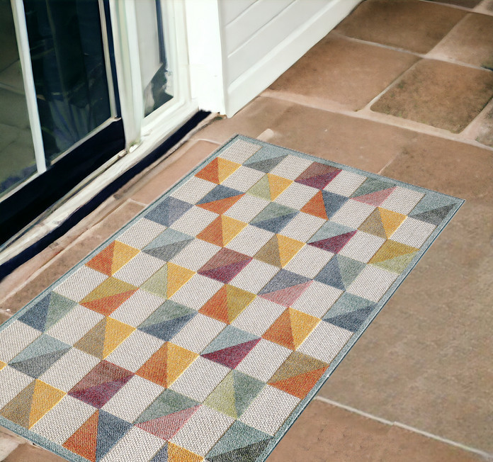 3' X 5' Ivory Geometric Stain Resistant Indoor Outdoor Area Rug-473714-1