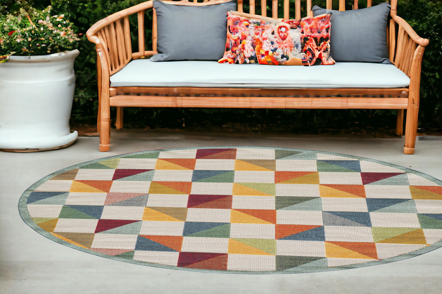 8' Round Orange And Ivory Round Geometric Stain Resistant Indoor Outdoor Area Rug-473717-1