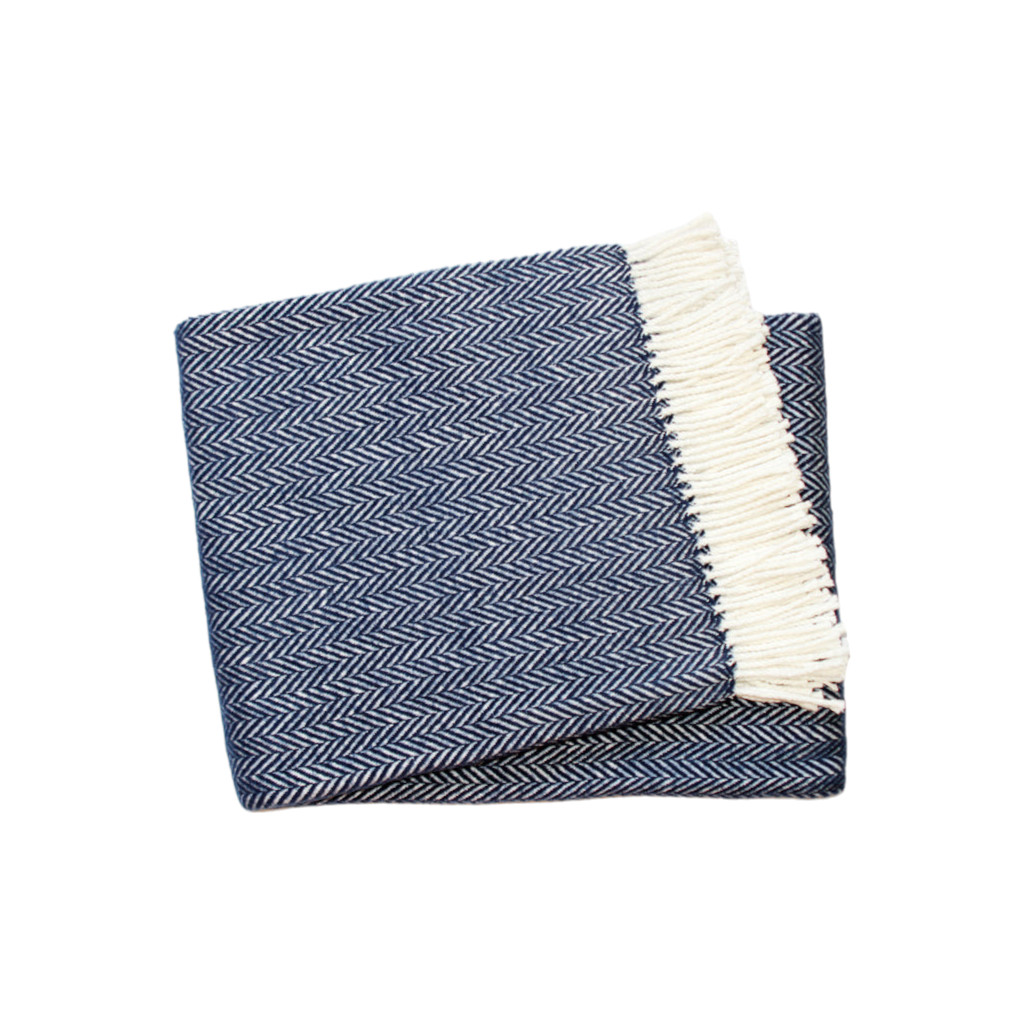 70" X 55" Navy Blue And White Cotton Blend Woven Herringbone Plush Throw Blanket with Tassels-474027-1