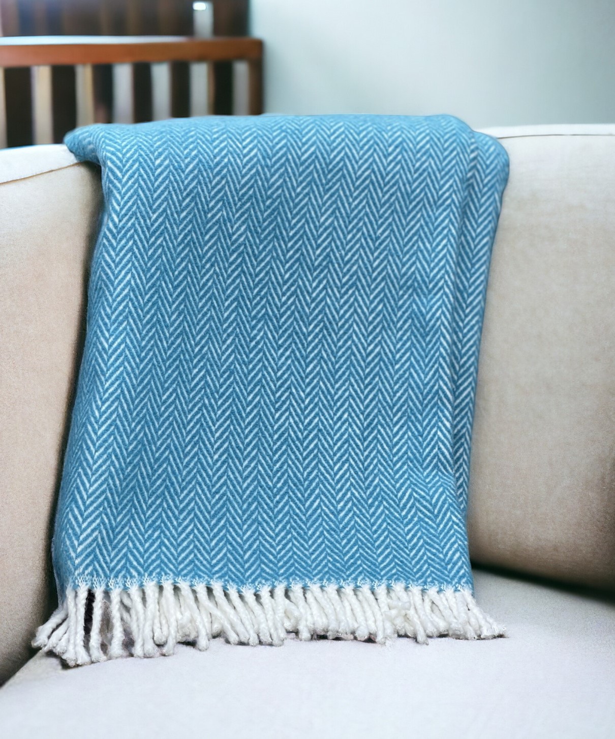 70" X 55" Teal Blue And White Cotton Blend Woven Herringbone Plush Throw Blanket with Tassels-474028-1