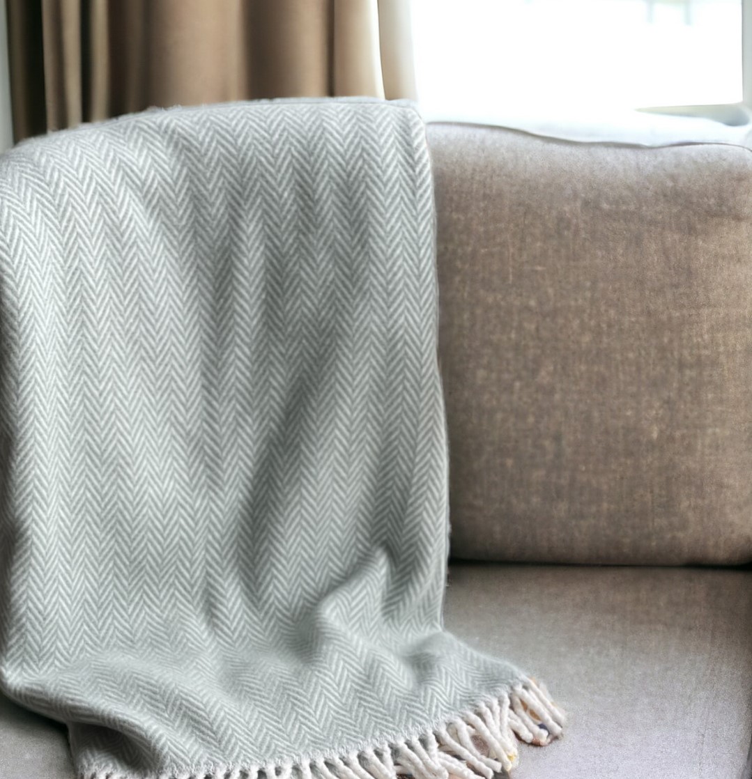 55" X 70" Sage and Ivory Woven Cotton Herringbone Plush Throw Blanket-474029-1