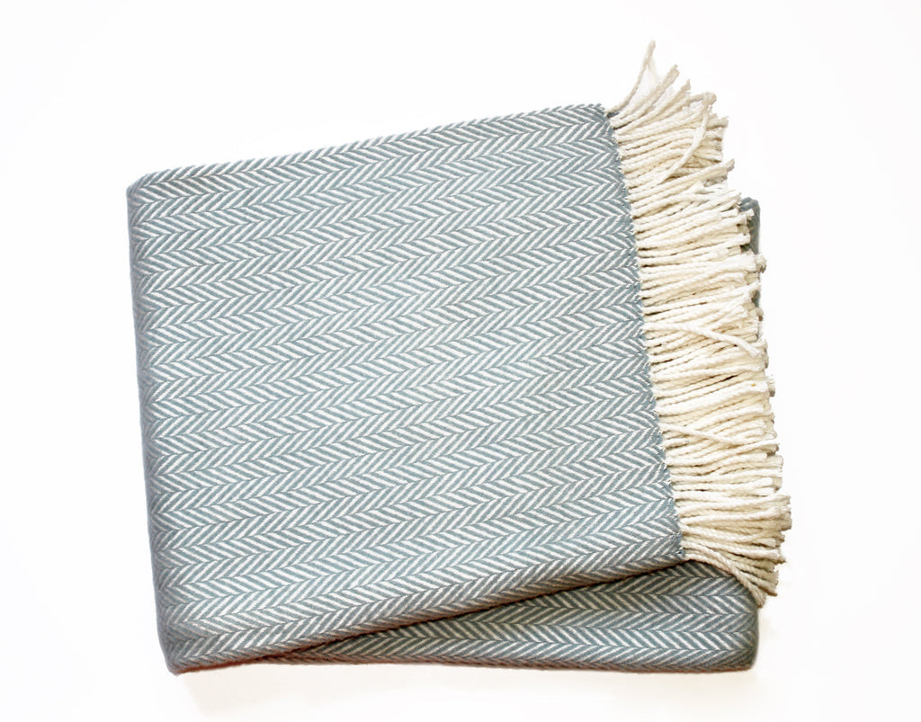 70" X 55" Sky Blue And White Cotton Blend Woven Herringbone Plush Throw Blanket with Tassels-474030-1
