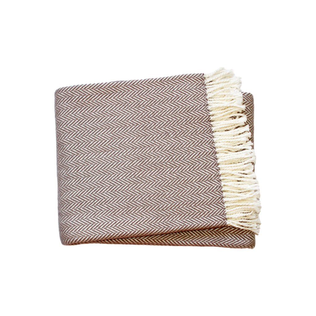 70" X 55" Brown And White Cotton Blend Woven Herringbone Plush Throw Blanket with Tassels-474032-1