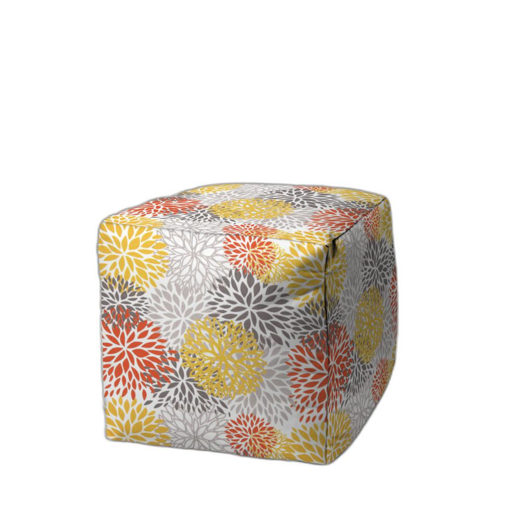 17" Gray and Yellow Polyester Cube Floral Indoor Outdoor Pouf Ottoman-474207-1