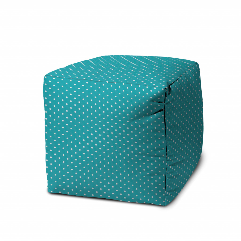 17" Turquoise Polyester Cube Polka Dots Indoor Outdoor Pouf Ottoman-474341-1