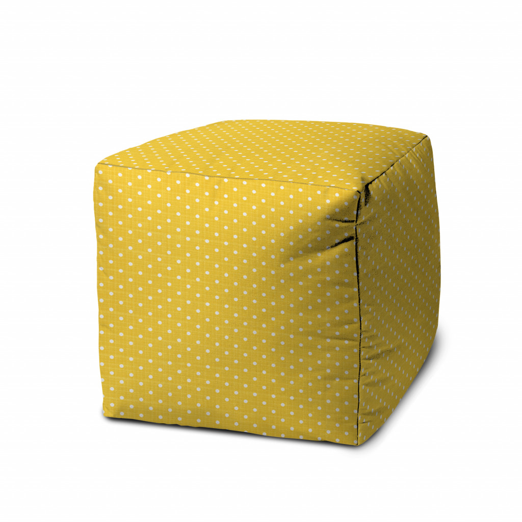 17" Yellow Polyester Cube Polka Dots Indoor Outdoor Pouf Ottoman-474343-1