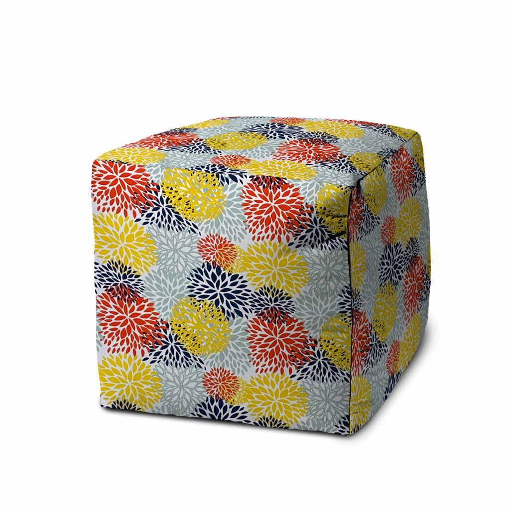 17" Green Polyester Cube Floral Indoor Outdoor Pouf Ottoman-474355-1
