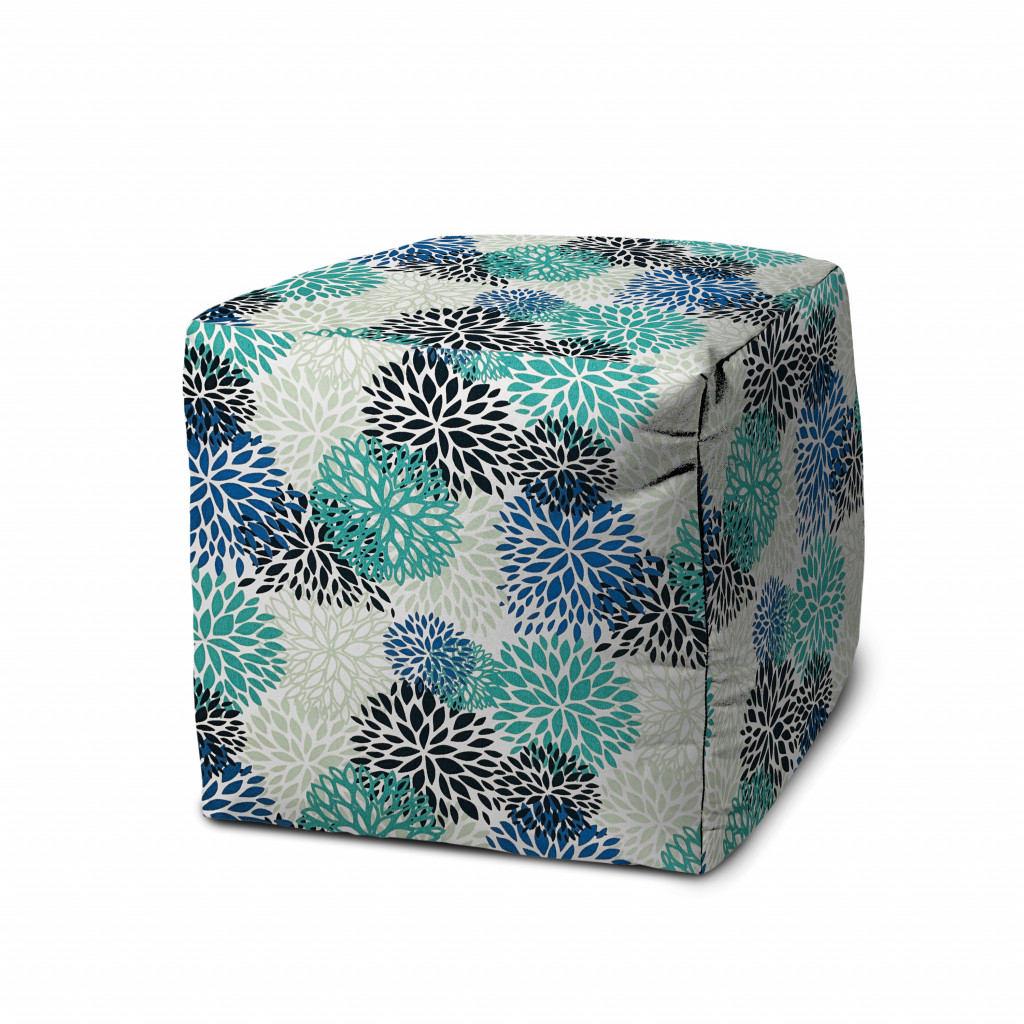 17" Blue Polyester Cube Floral Indoor Outdoor Pouf Ottoman-474358-1