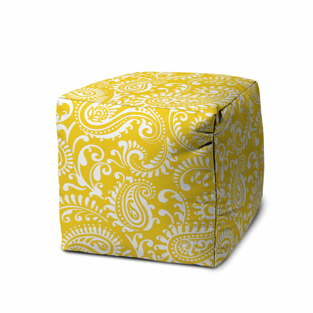 17" Yellow Polyester Cube Paisley Indoor Outdoor Pouf Ottoman-474362-1