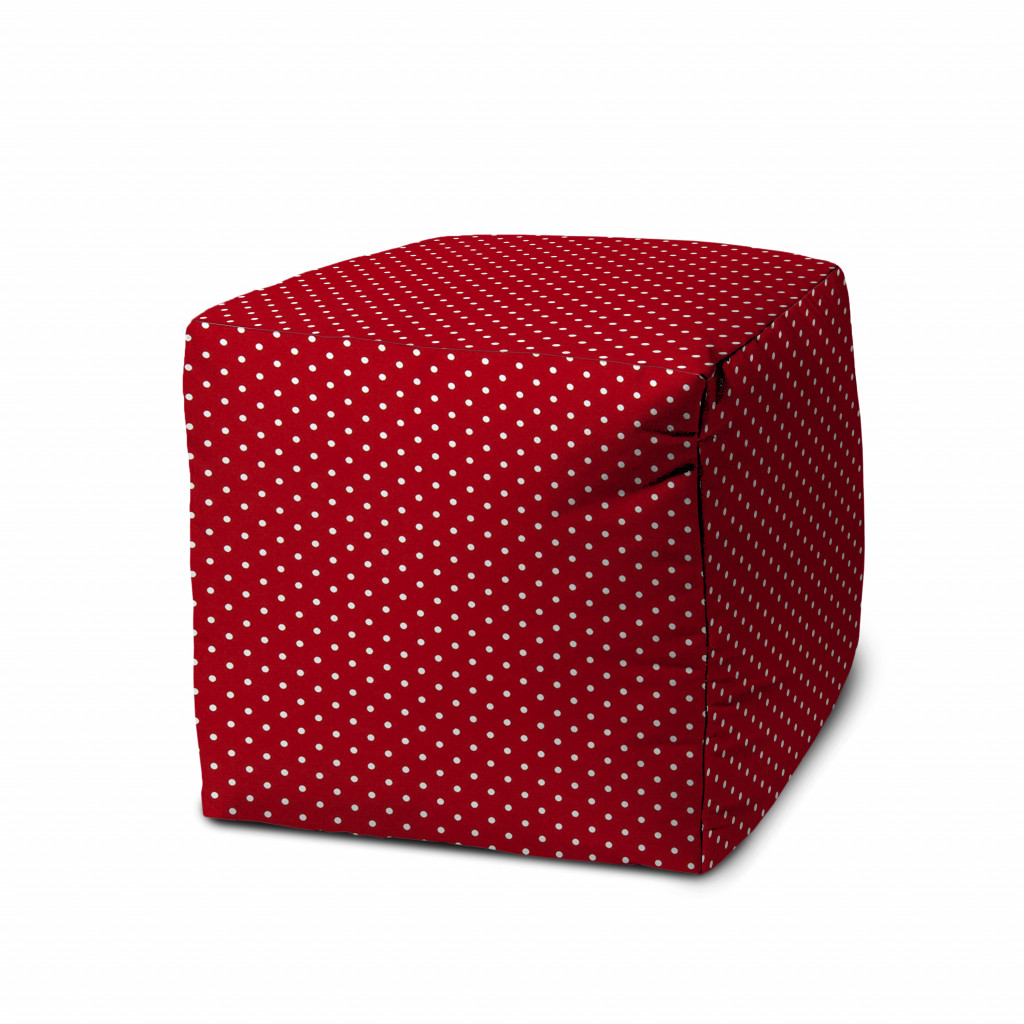 17" Red Polyester Cube Polka Dots Indoor Outdoor Pouf Ottoman-474381-1
