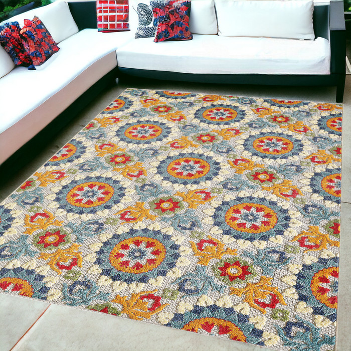 5' X 7' Orange And Ivory Moroccan Stain Resistant Indoor Outdoor Area Rug-475214-1