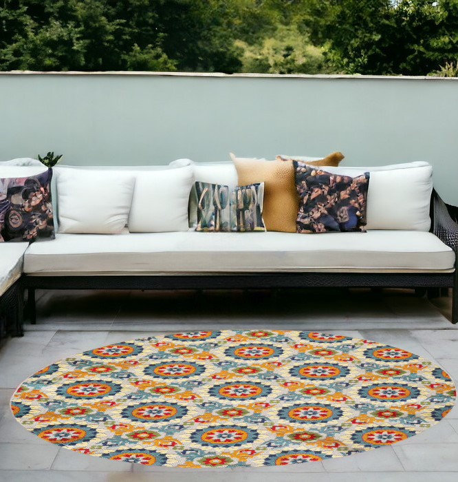 8' Round Orange And Ivory Round Moroccan Stain Resistant Indoor Outdoor Area Rug-475216-1