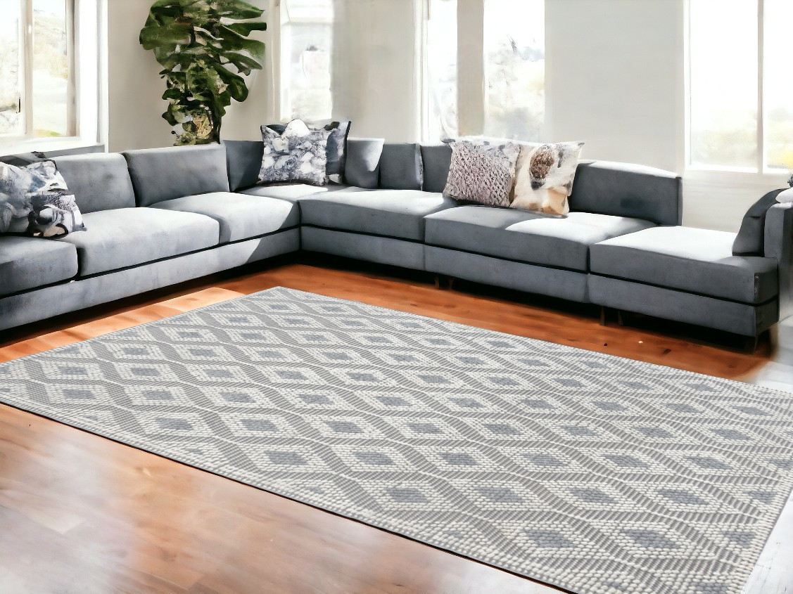 9' X 13' Ivory Gray Diamond Trellis Modern Area Rug-475233-1