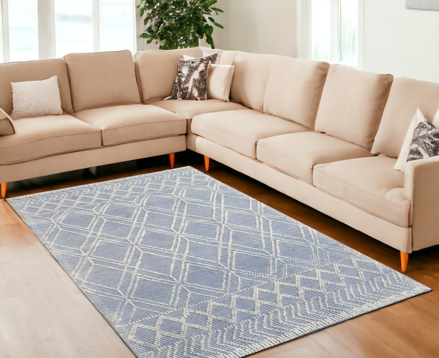 6' X 9' Blue and Ivory Geometric Handmade Area Rug-475235-1