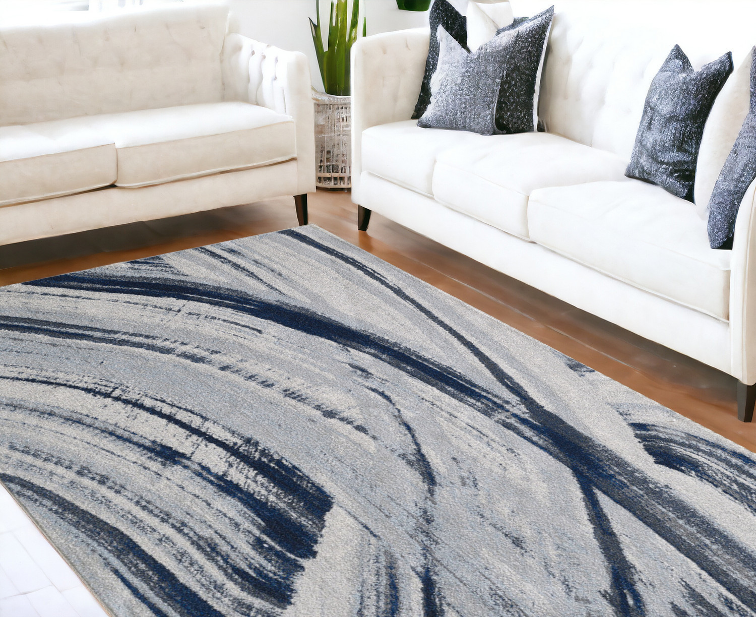7' X 10' Ivory and Blue Abstract Area Rug-475254-1