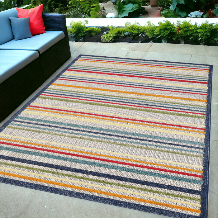 5' X 7' Ivory And Blue Striped Stain Resistant Indoor Outdoor Area Rug-475532-1