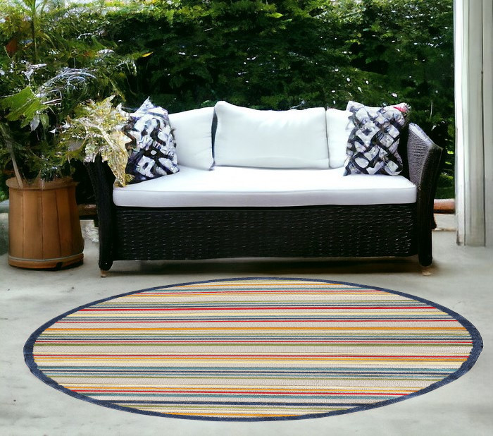 8' Round Ivory And Blue Round Striped Stain Resistant Indoor Outdoor Area Rug-475537-1