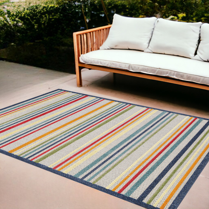 8' X 10' Ivory And Blue Striped Stain Resistant Indoor Outdoor Area Rug-475539-1