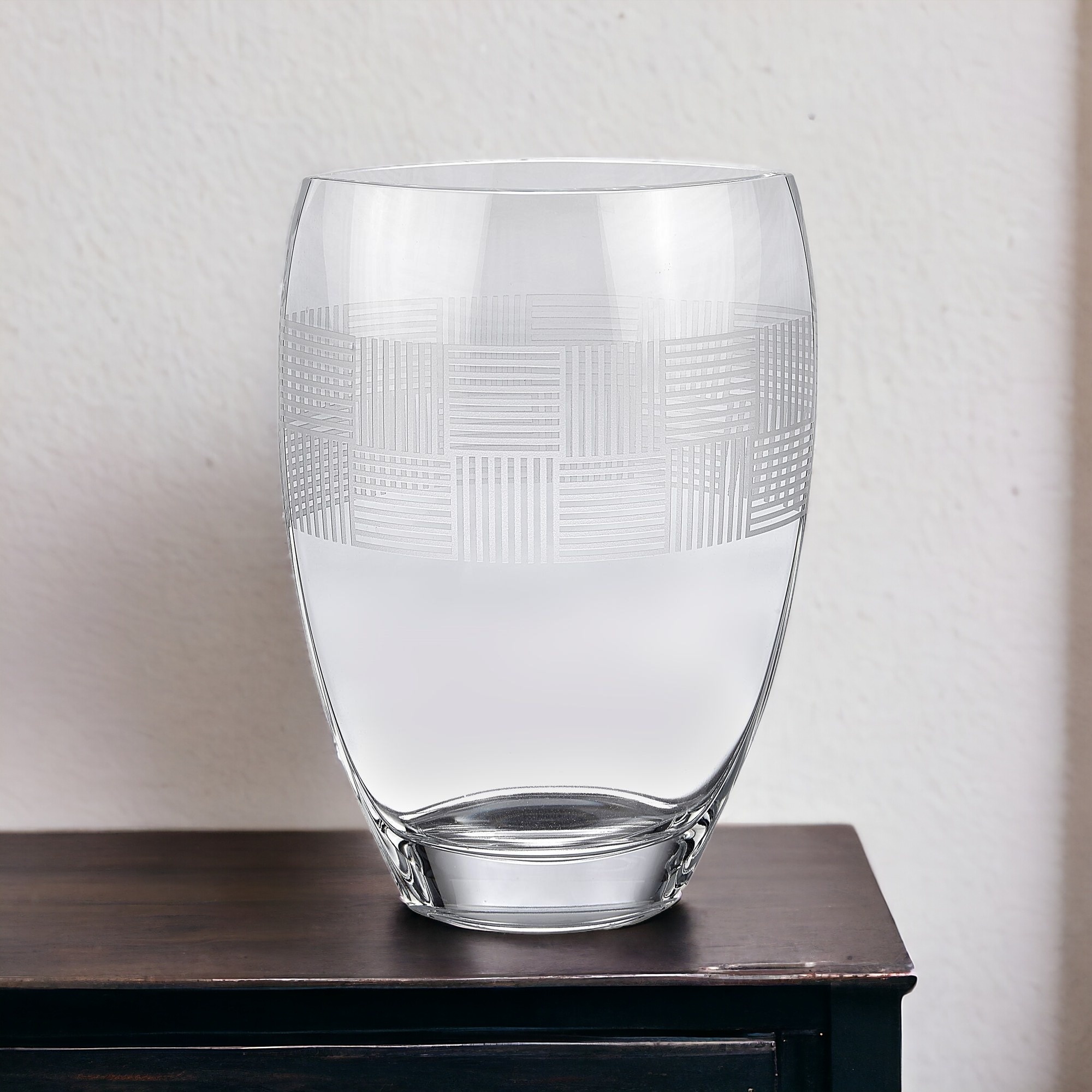 12 Inch Clear Oval Crystal Vase with Geometric Pattern
