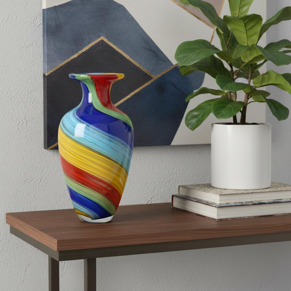 10" Rainbow Murano Glass Abstract Round Table Vase