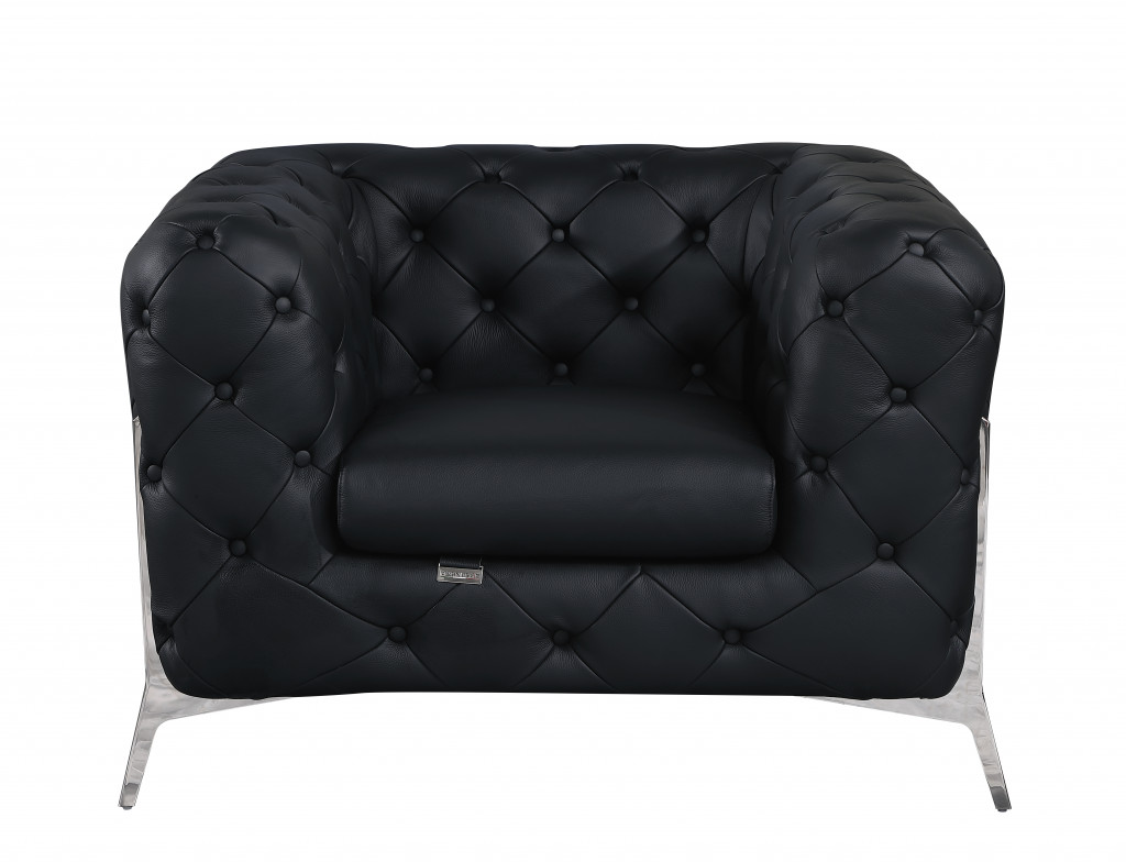 Glam Black and Chrome Tufted Leather Armchair-476510-1