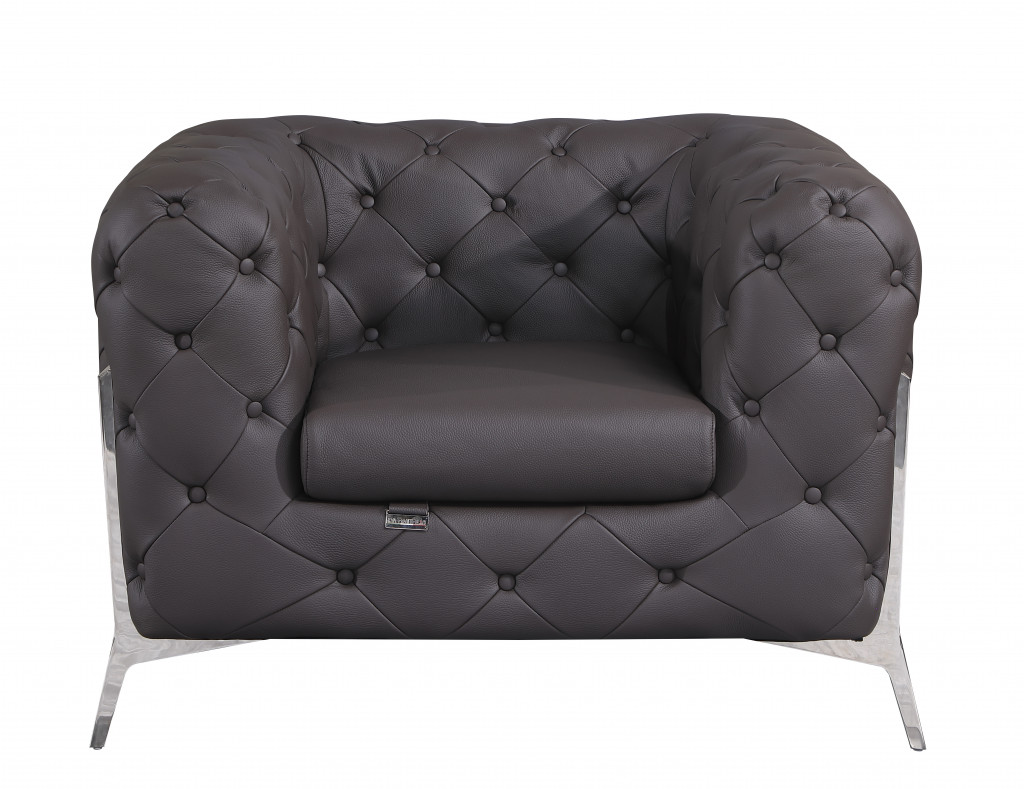Glam Espresso Brown and Chrome Tufted Leather Armchair-476511-1