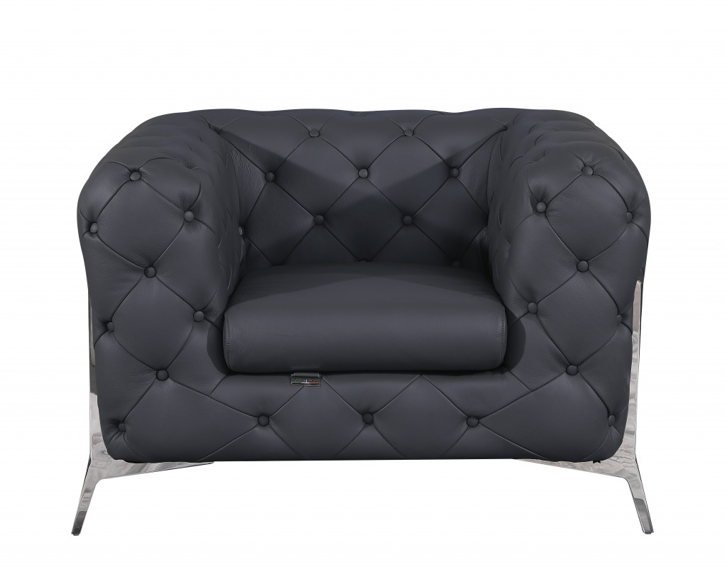 Glam Gray and Chrome Tufted Leather Armchair-476513-1