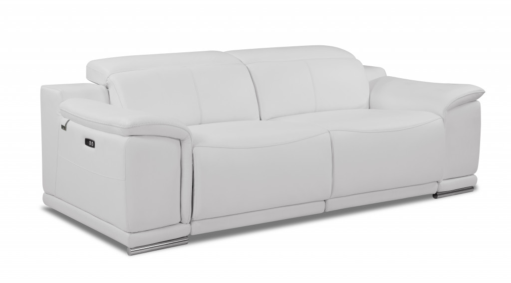 86" White And Silver Italian Leather Reclining USB Sofa-476525-1