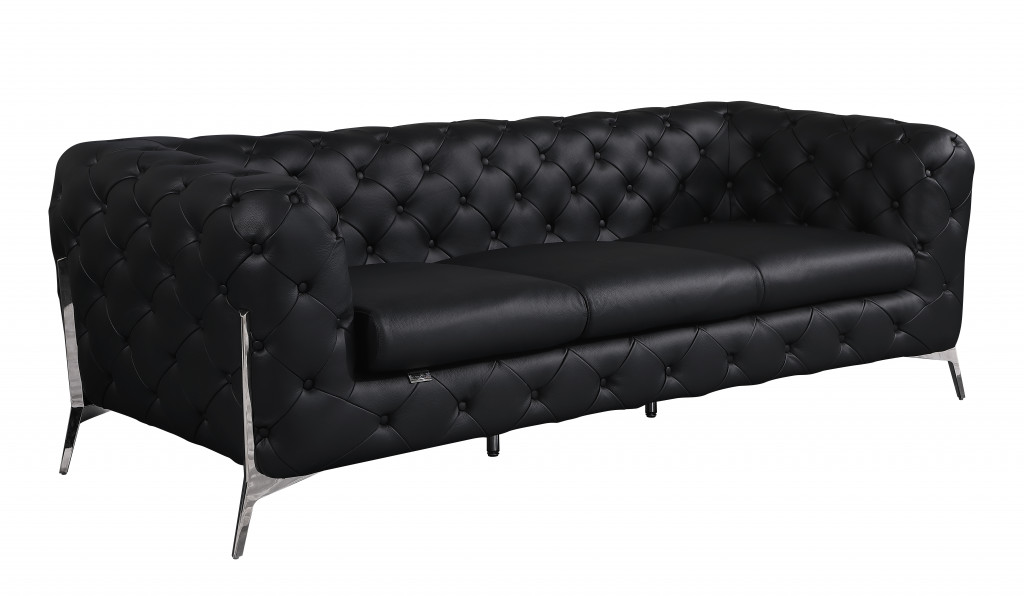 93" Black Italian Leather Sofa With Silver Legs-476526-1