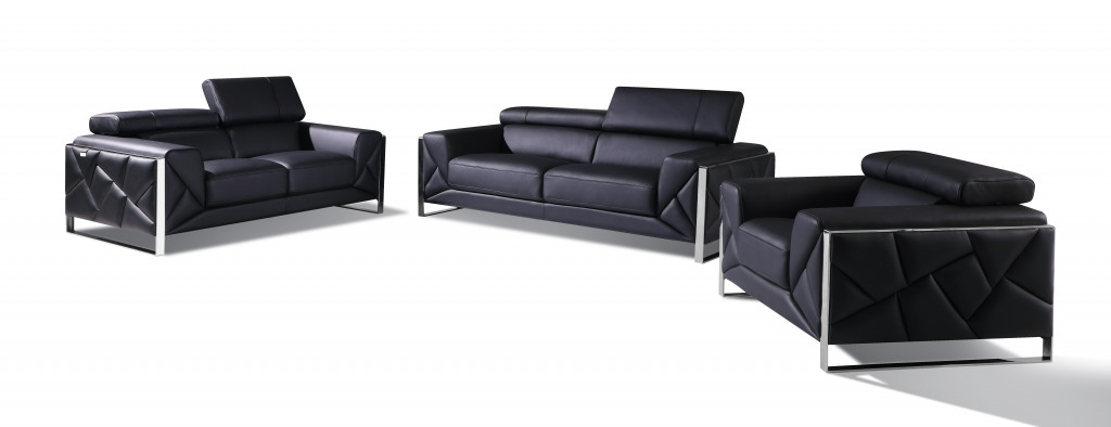 Three Piece Indoor Black Italian Leather Six Person Seating Set-476538-1