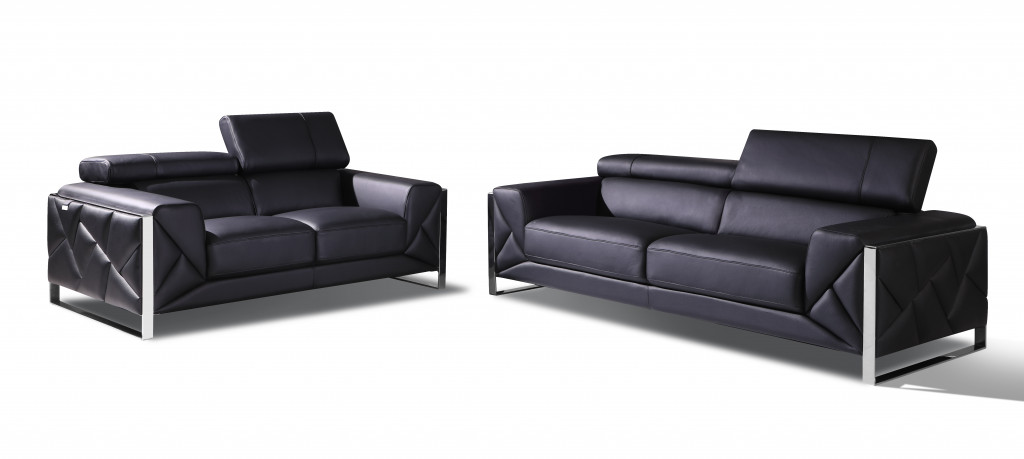 Two Piece Indoor Black Italian Leather Five Person Seating Set-476539-1