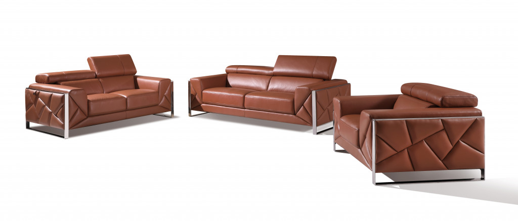 Three Piece Indoor Camel Italian Leather Six Person Seating Set-476540-1