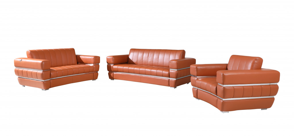 Three Piece Indoor Camel Italian Leather Six Person Seating Set-476548-1