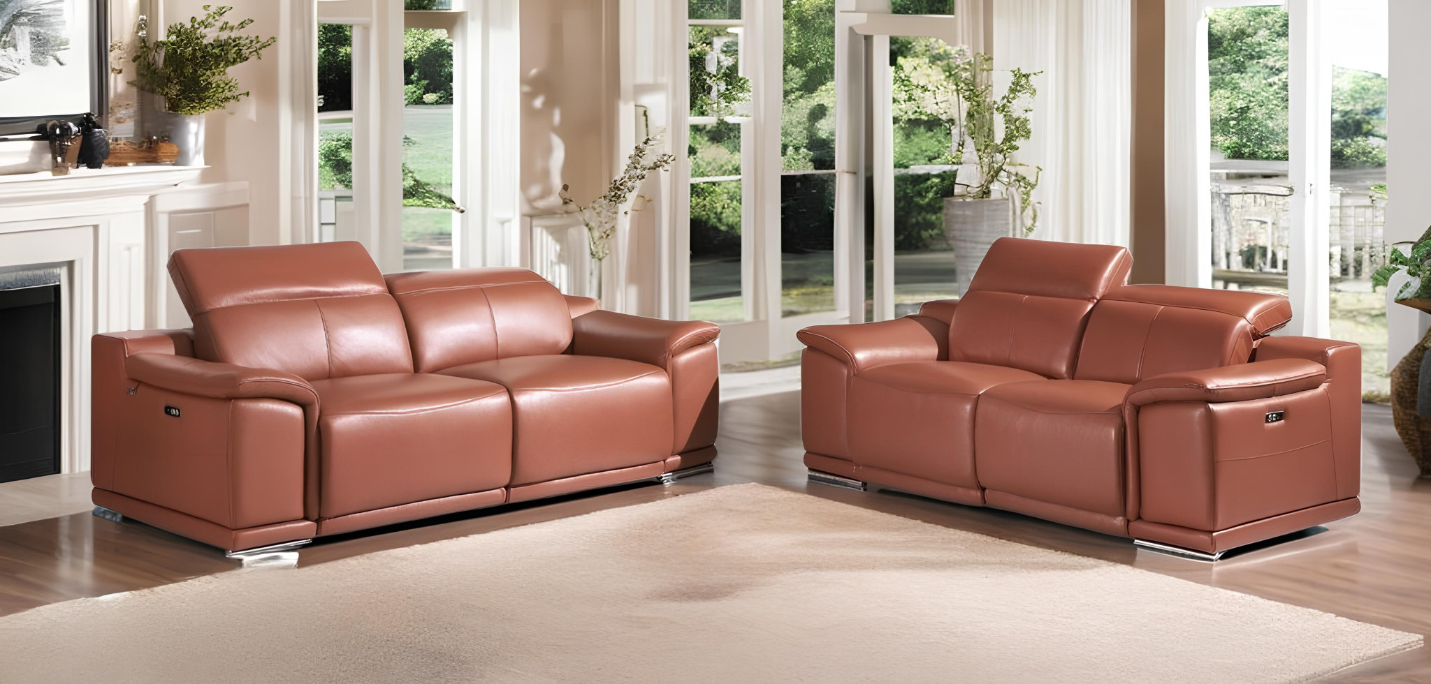 Two Piece Indoor Camel Italian Leather Five Person Seating Set-476555-1